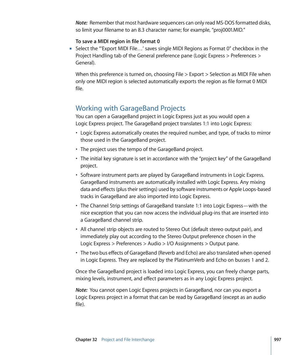 Working with garageband projects | Apple Logic Express 9 User Manual | Page 997 / 1294