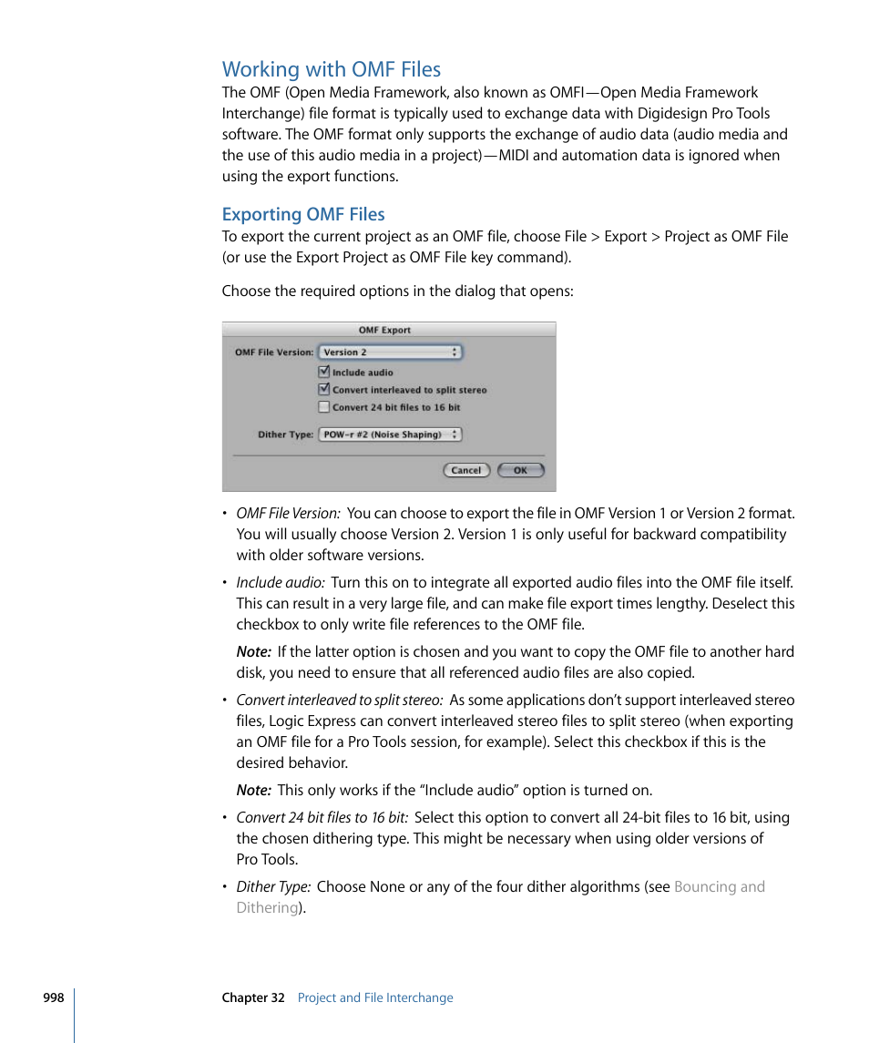 Working with omf files, Exporting omf files | Apple Logic Express 9 User Manual | Page 998 / 1294