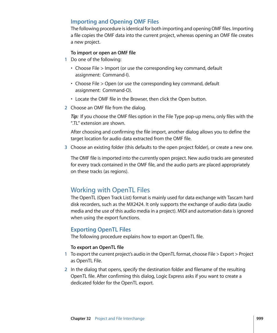 Importing and opening omf files, Working with opentl files, Exporting opentl files | Apple Logic Express 9 User Manual | Page 999 / 1294