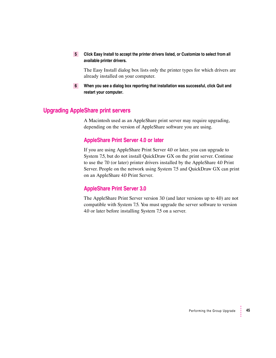 Upgrading appleshare print servers, Appleshare print server 4.0 or later, Appleshare print server 3.0 | Apple Macintosh System 7.5 User Manual | Page 47 / 65