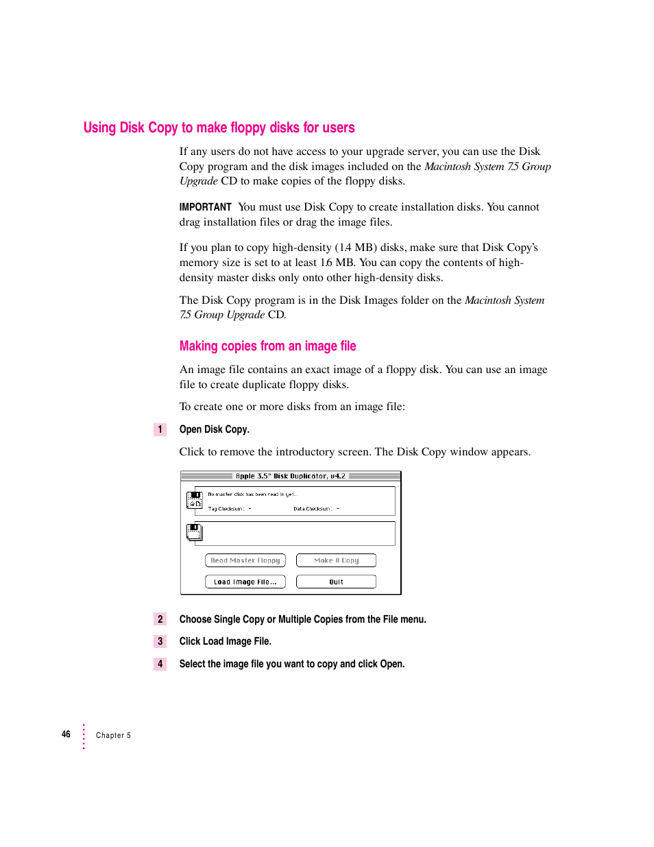 Using disk copy to make floppy disks for users, Making copies from an image file | Apple Macintosh System 7.5 User Manual | Page 48 / 65