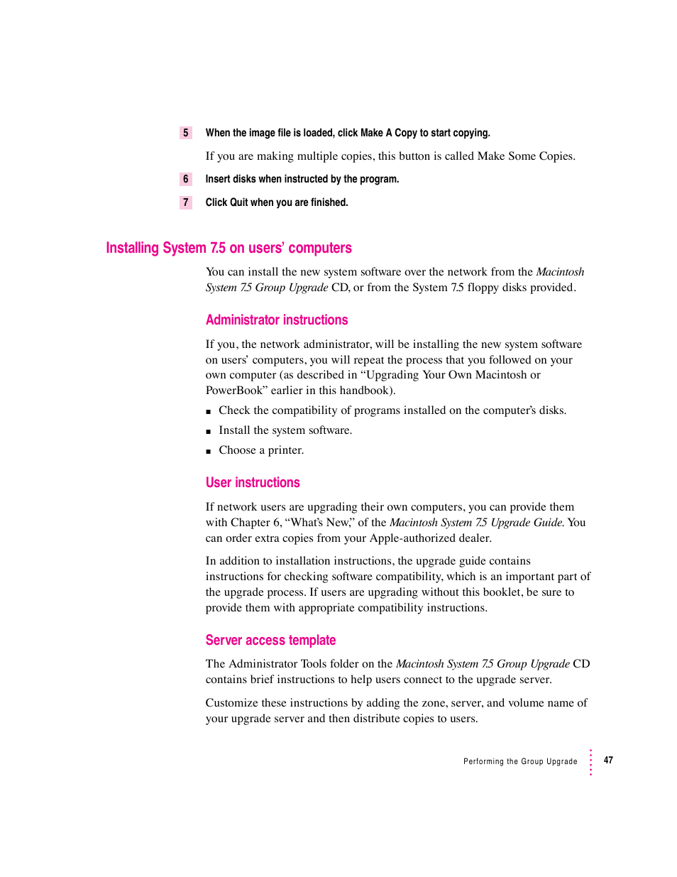 Installing system 7.5 on users’ computers | Apple Macintosh System 7.5 User Manual | Page 49 / 65