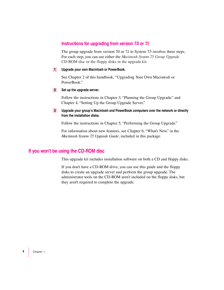 If you won’t be using the cd-rom disc, Instructions for upgrading from version 7.0 or 7.1 | Apple Macintosh System 7.5 User Manual | Page 8 / 65