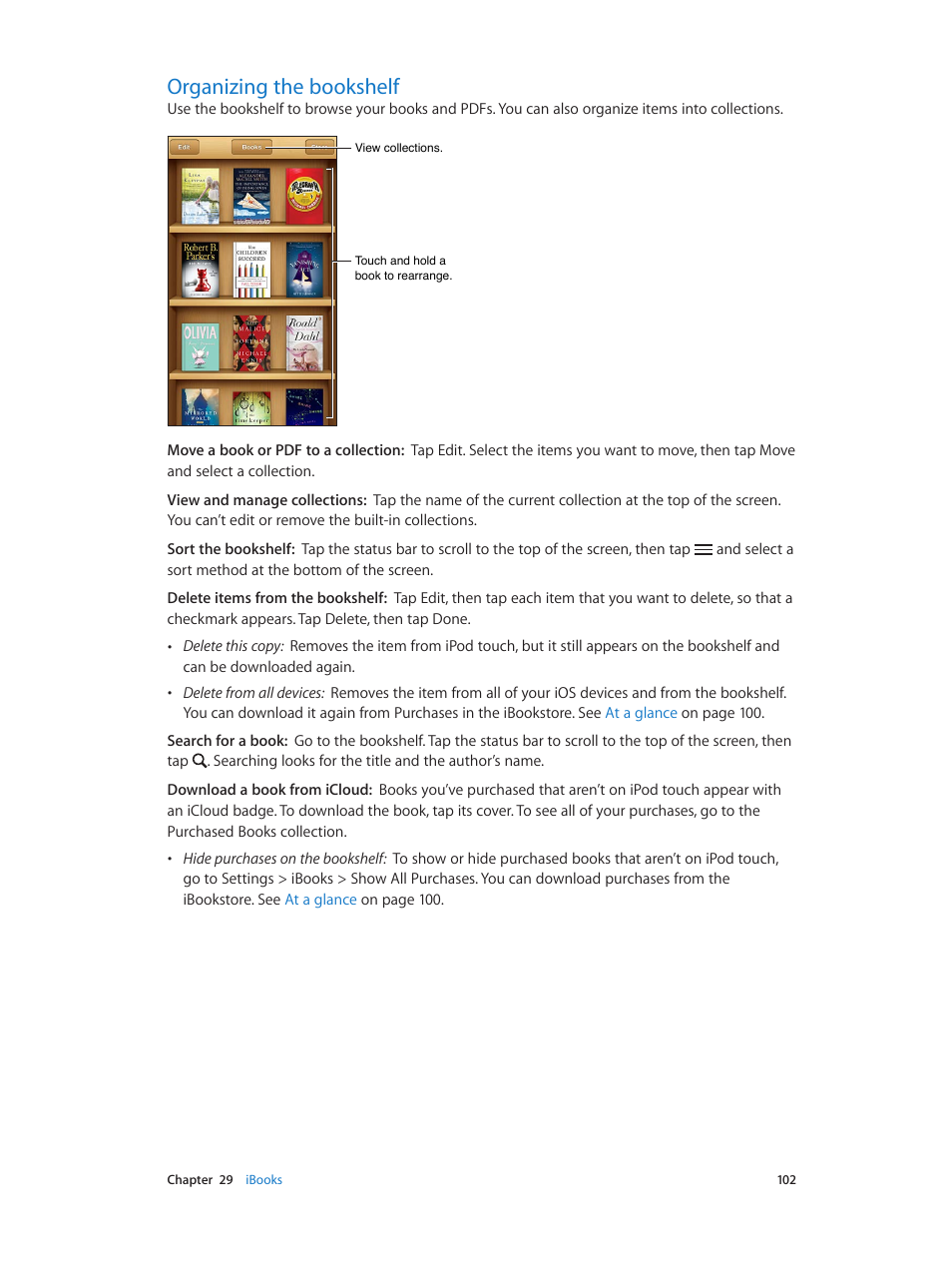 Organizing the bookshelf, 102 organizing the bookshelf, Organizing the | Bookshelf | Apple iPod touch iOS 6.1 User Manual | Page 102 / 138