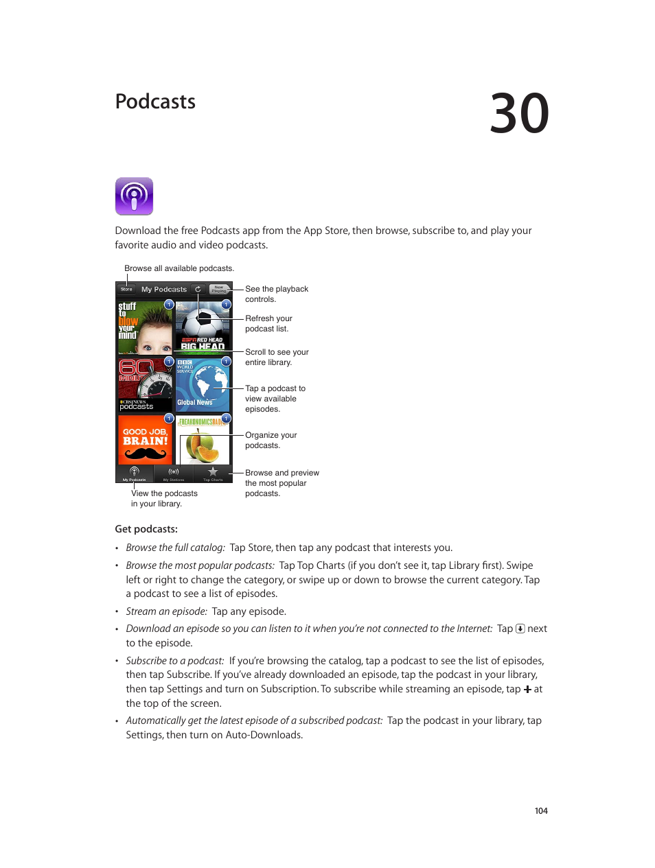 Chapter 30: podcasts, Podcasts | Apple iPod touch iOS 6.1 User Manual | Page 104 / 138