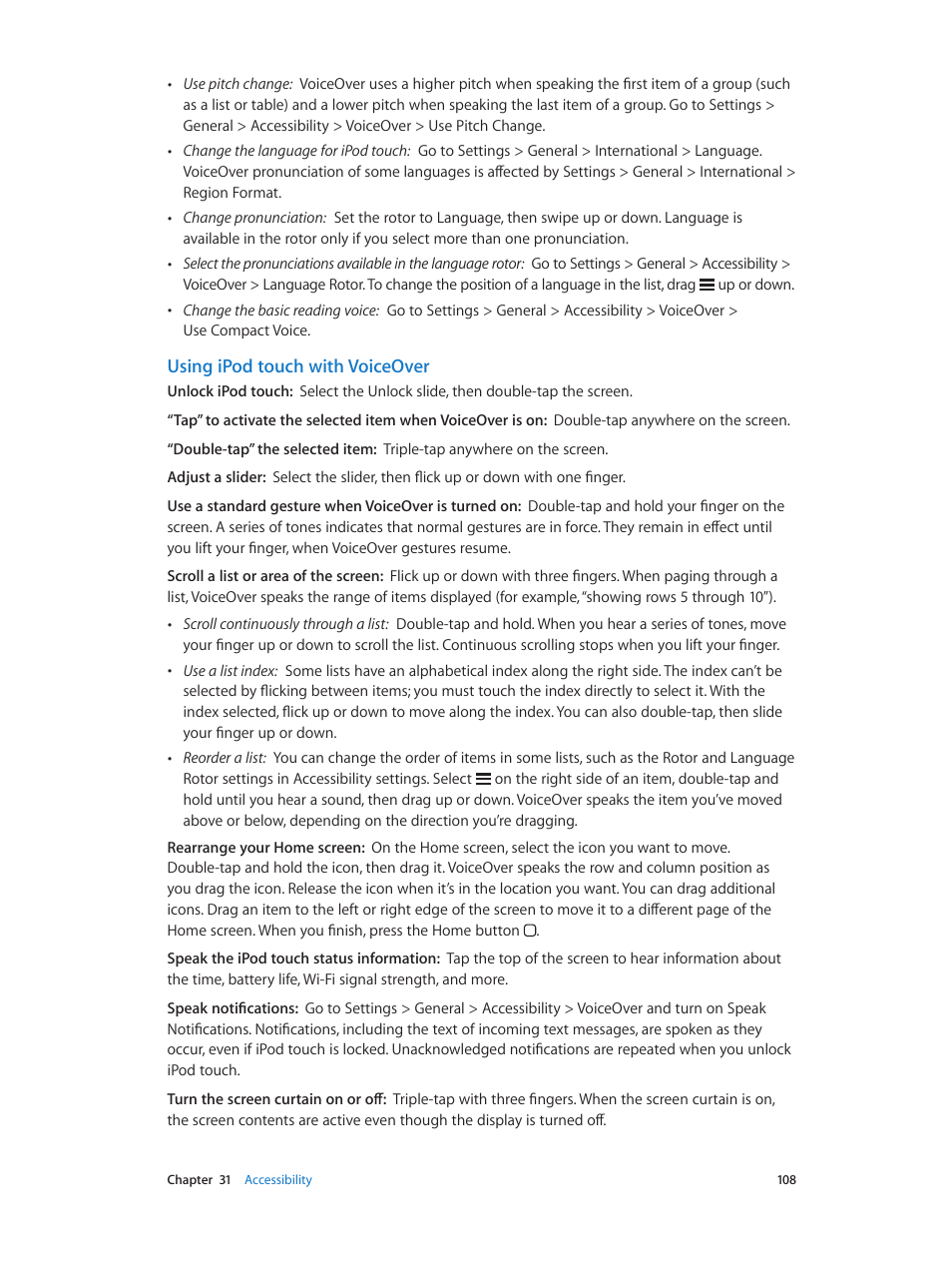 Using ipod touch with voiceover | Apple iPod touch iOS 6.1 User Manual | Page 108 / 138