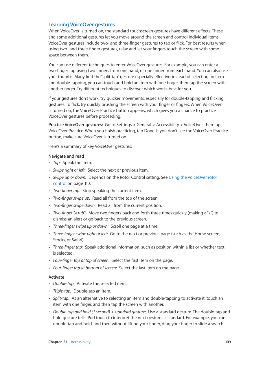 Learning voiceover gestures | Apple iPod touch iOS 6.1 User Manual | Page 109 / 138
