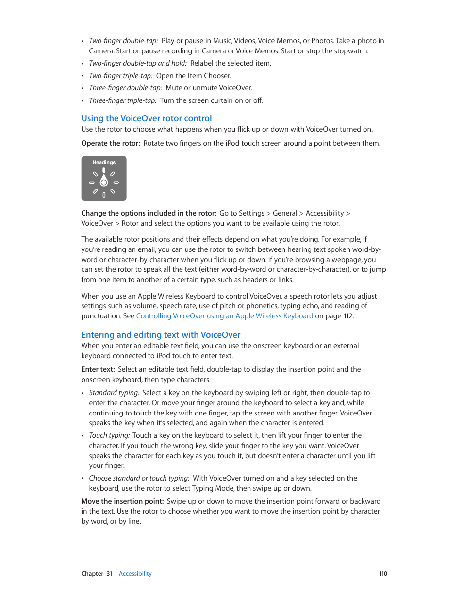 Using the voiceover rotor control, Using the voiceover rotor, Control | Entering and editing text with voiceover | Apple iPod touch iOS 6.1 User Manual | Page 110 / 138