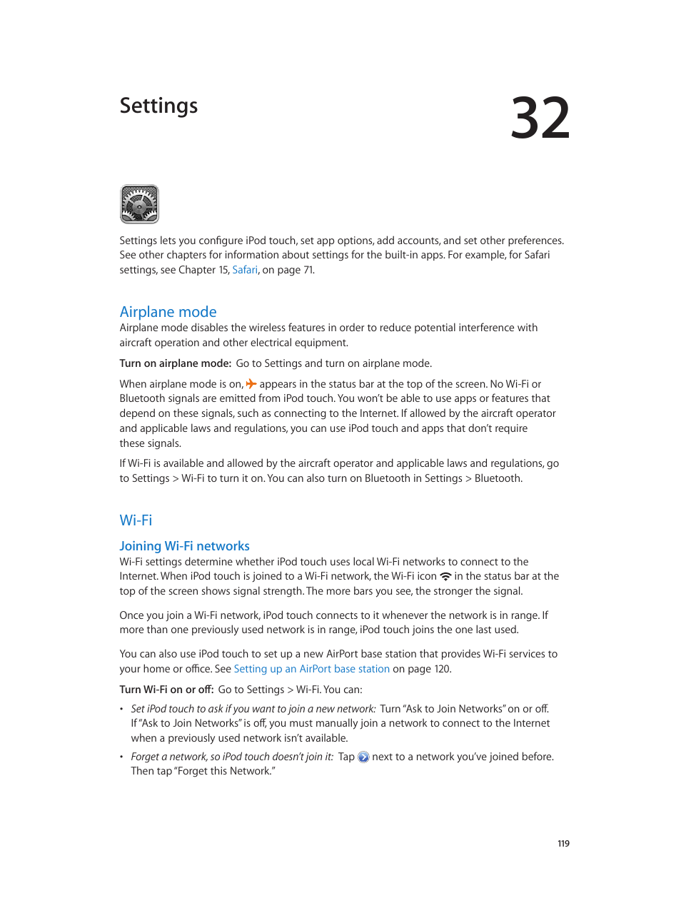 Chapter 32: settings, Airplane mode, Wi-fi | 119 airplane mode 119 wi-fi, Settings | Apple iPod touch iOS 6.1 User Manual | Page 119 / 138
