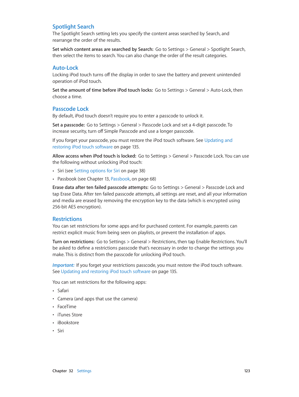 Passcode lock, Restrictions, Spotlight search | Auto-lock | Apple iPod touch iOS 6.1 User Manual | Page 123 / 138