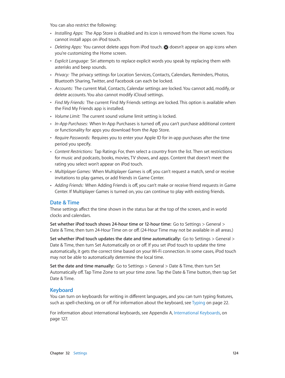 Date & time, Keyboard | Apple iPod touch iOS 6.1 User Manual | Page 124 / 138