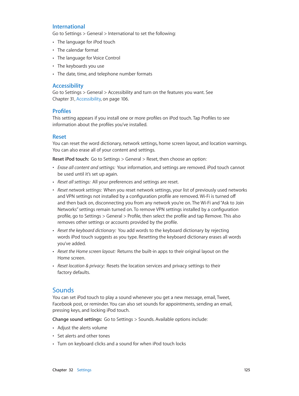 Sounds, 125 sounds, International | Accessibility, Profiles, Reset | Apple iPod touch iOS 6.1 User Manual | Page 125 / 138