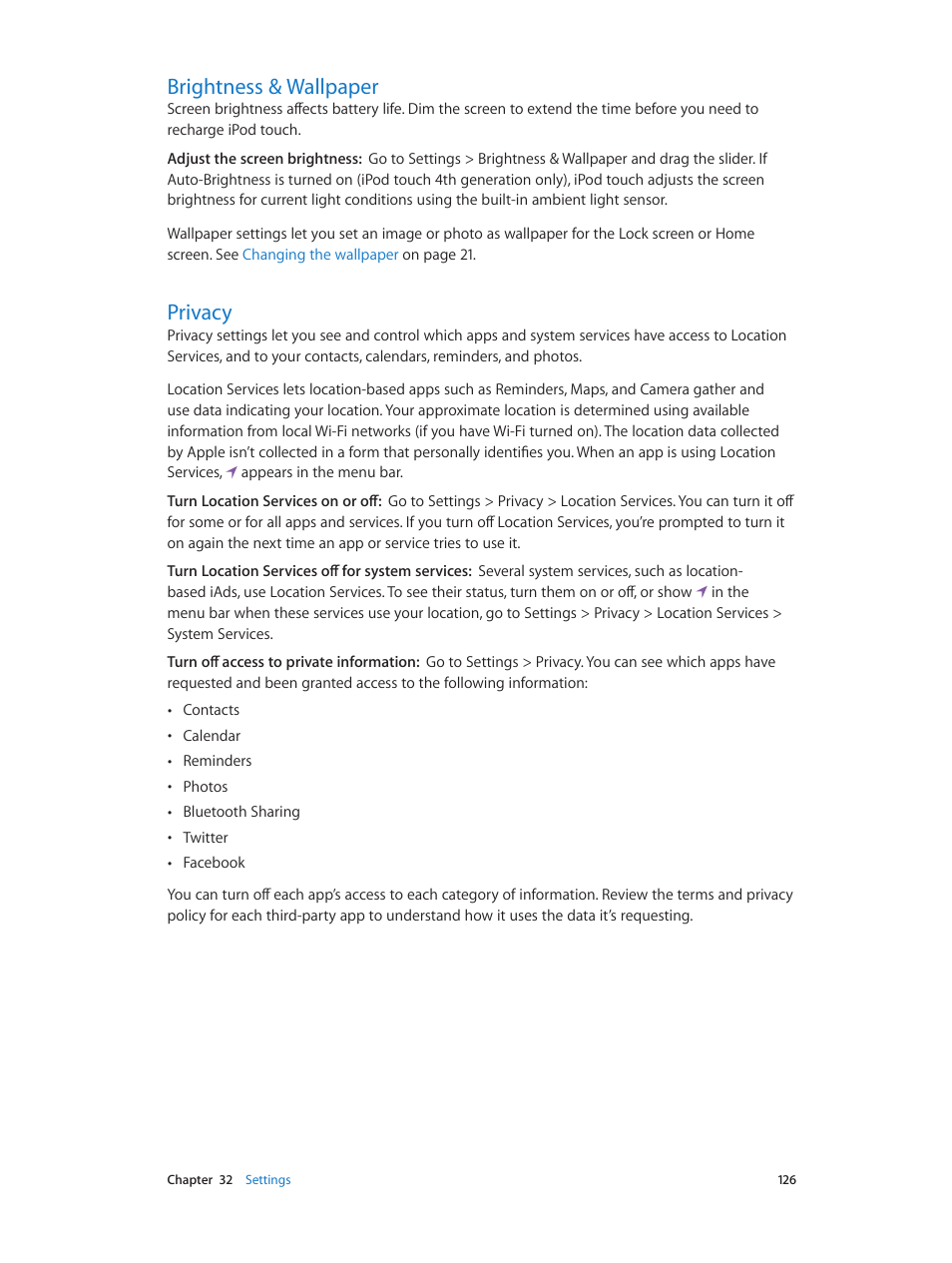 Brightness & wallpaper, Privacy, 126 brightness & wallpaper 126 privacy | Apple iPod touch iOS 6.1 User Manual | Page 126 / 138
