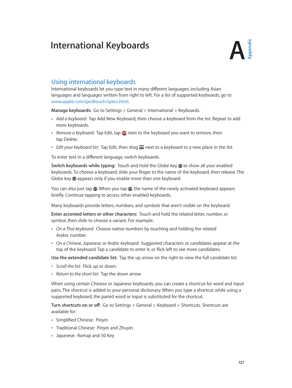 Appendix a: international keyboards, Using international keyboards, 127 using international keyboards | International keyboards | Apple iPod touch iOS 6.1 User Manual | Page 127 / 138