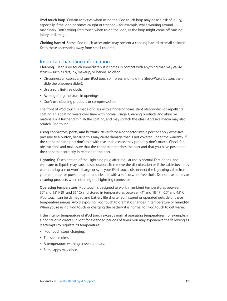 Important handling information, 131 important handling information | Apple iPod touch iOS 6.1 User Manual | Page 131 / 138