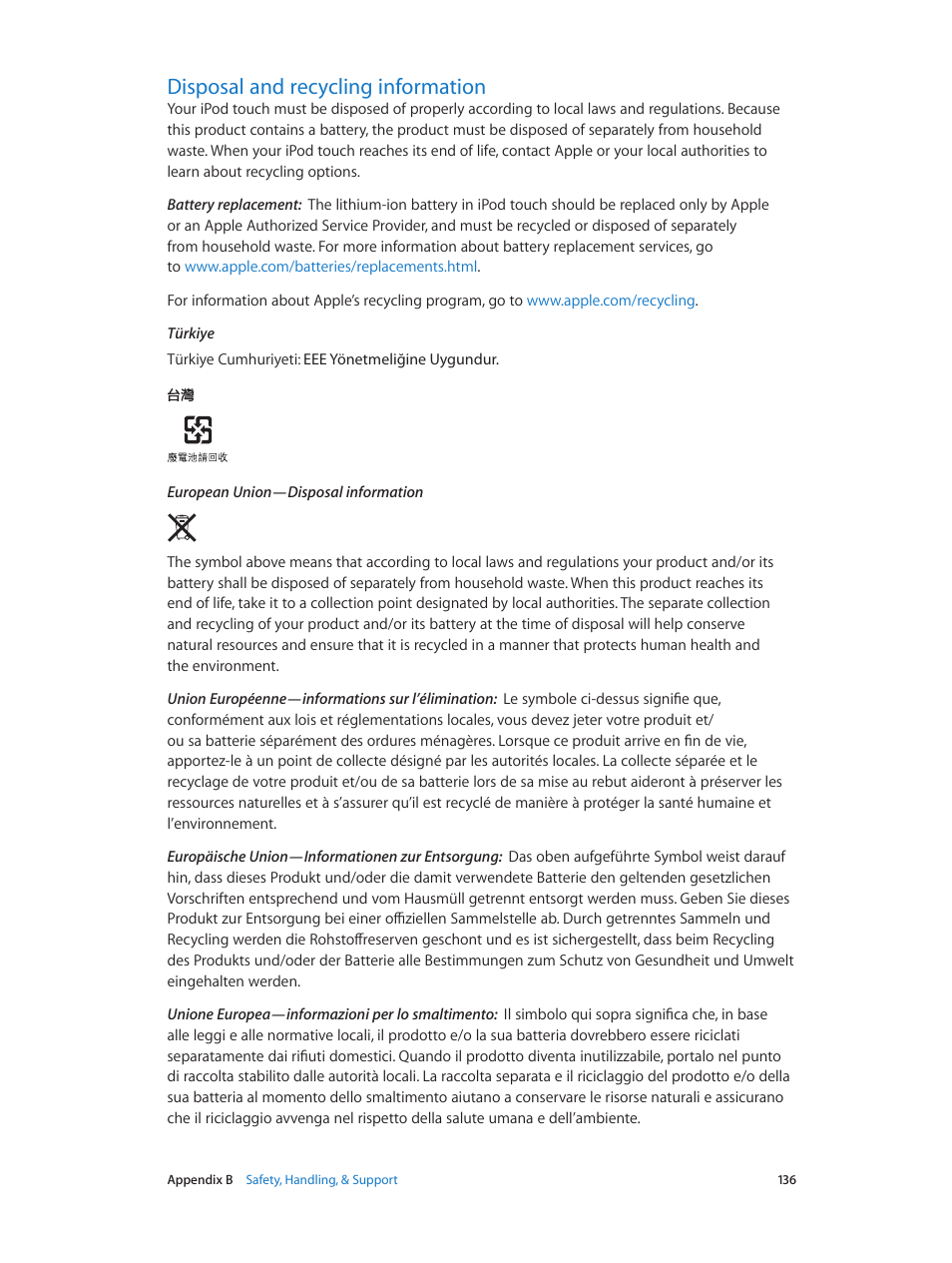 Disposal and recycling information | Apple iPod touch iOS 6.1 User Manual | Page 136 / 138