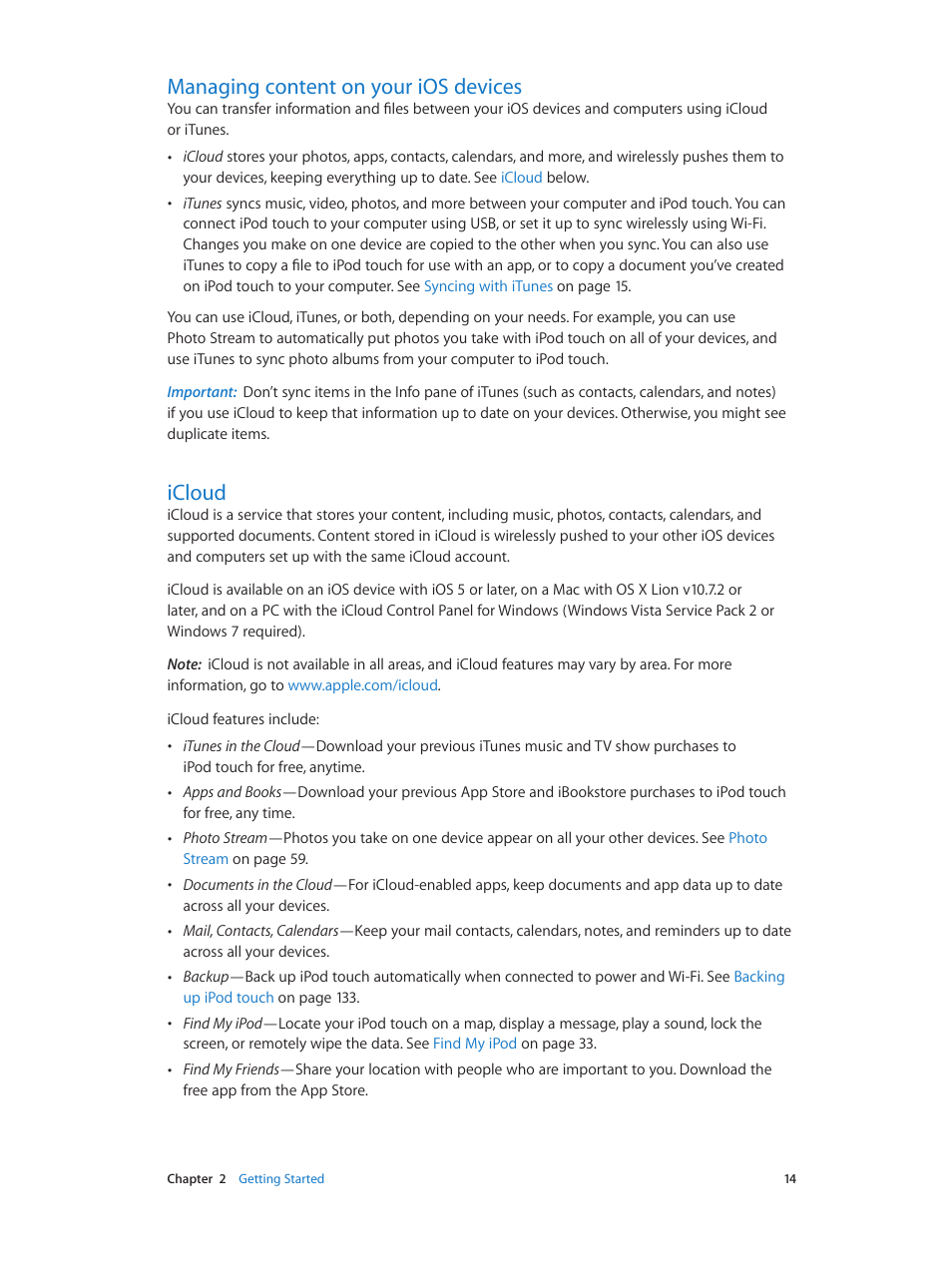 Managing content on your ios devices, Icloud, 14 managing content on your ios devices 14 icloud | Apple iPod touch iOS 6.1 User Manual | Page 14 / 138