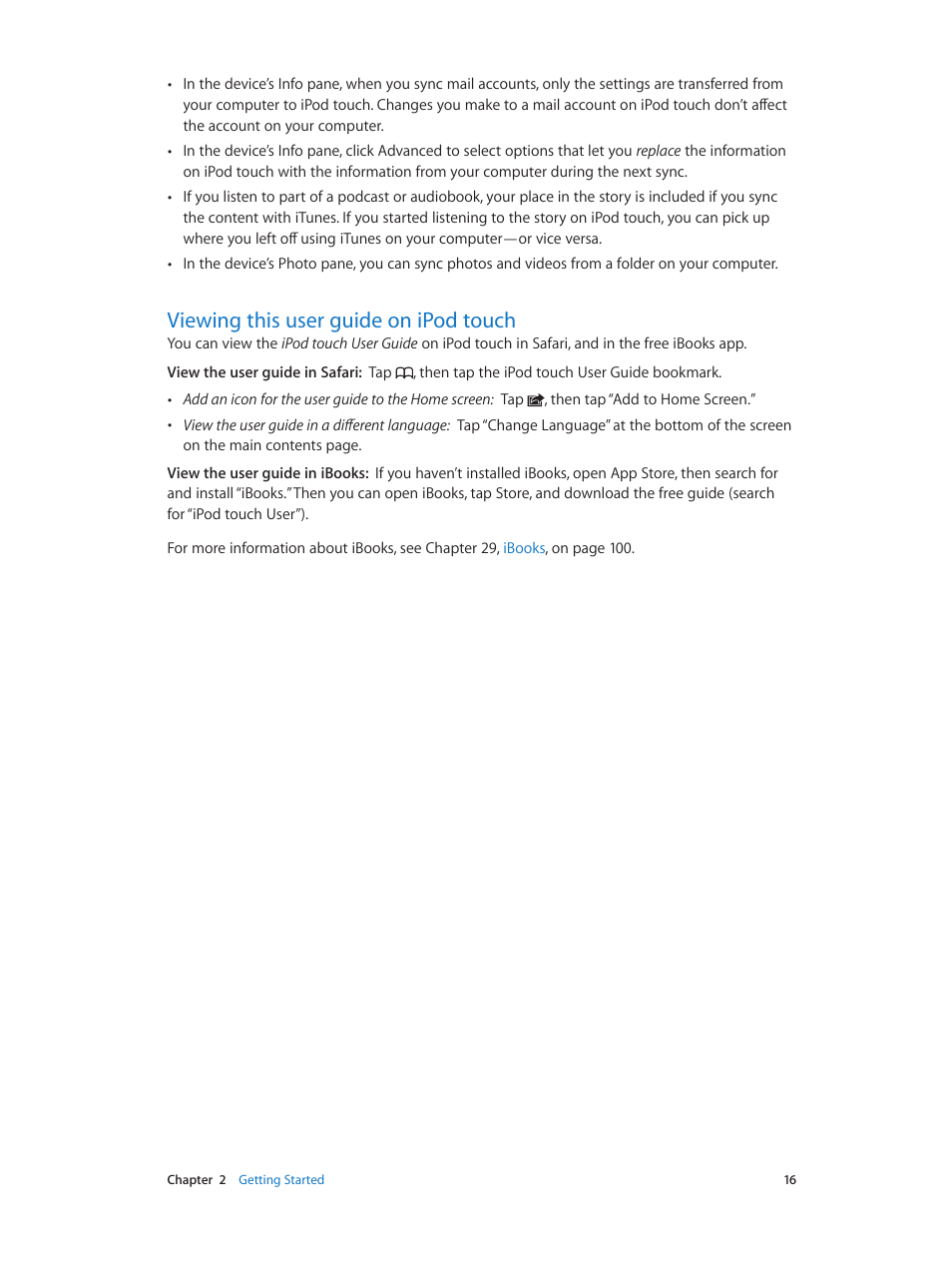 Viewing this user guide on ipod touch, 16 viewing this user guide on ipod touch | Apple iPod touch iOS 6.1 User Manual | Page 16 / 138
