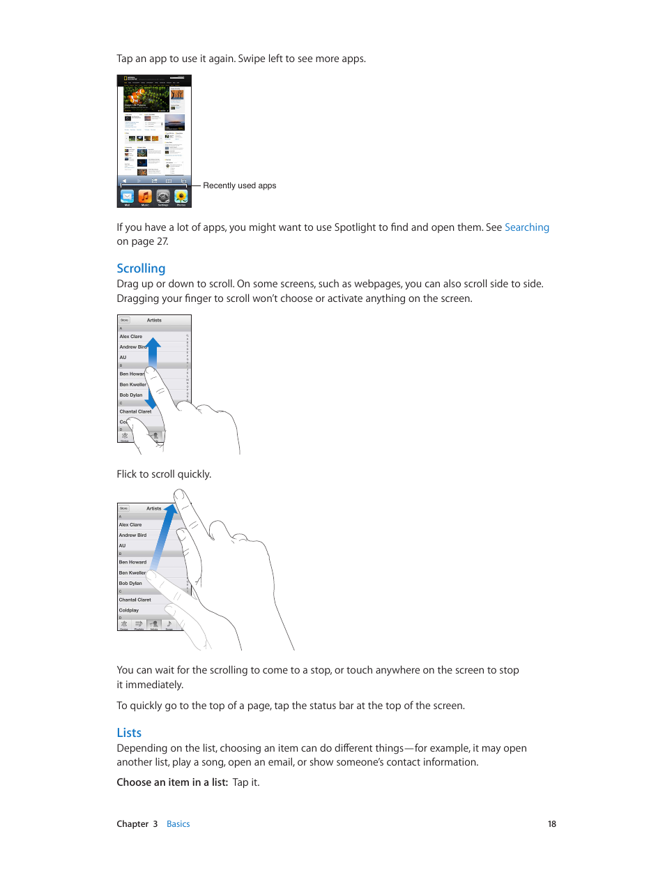 Scrolling, Lists | Apple iPod touch iOS 6.1 User Manual | Page 18 / 138