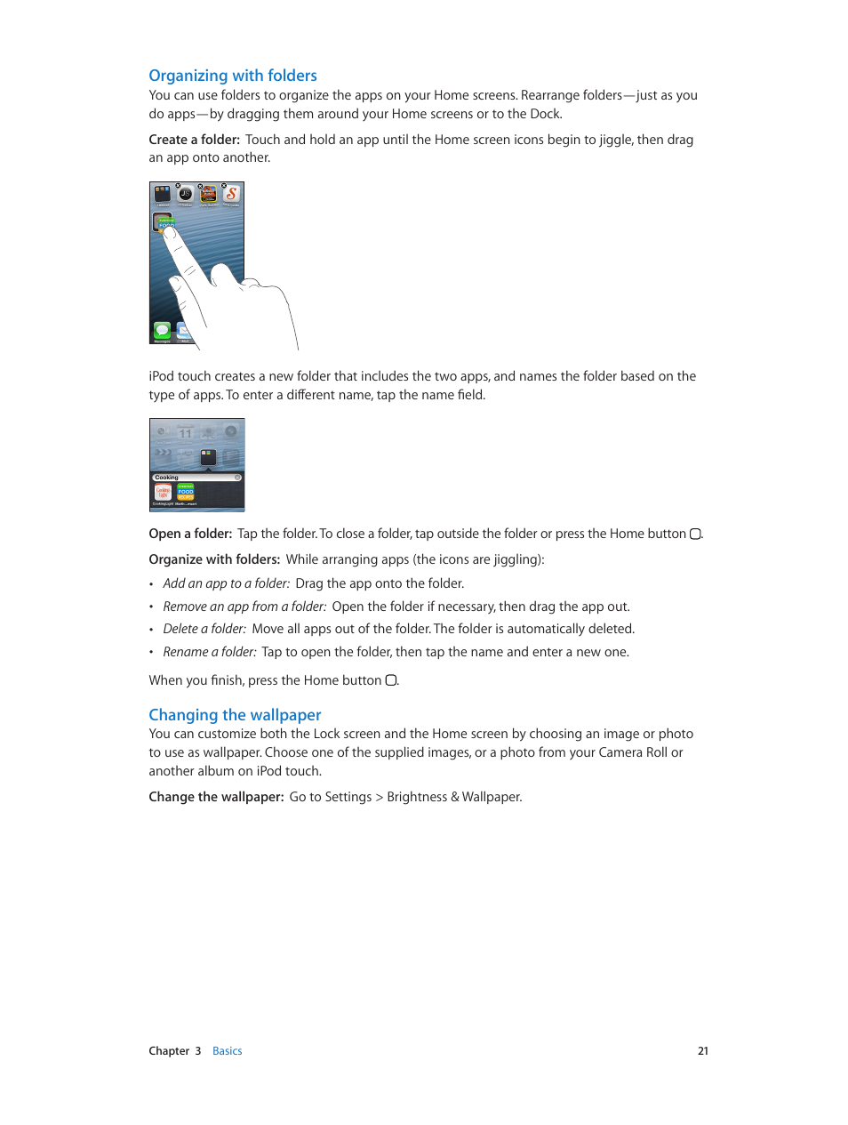 Organizing with folders, Changing the wallpaper | Apple iPod touch iOS 6.1 User Manual | Page 21 / 138