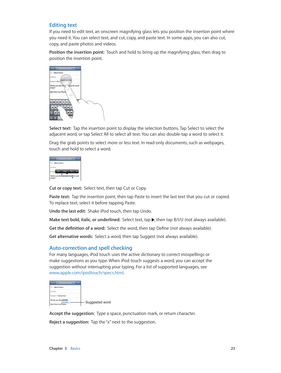 Editing text, Auto-correction and spell checking | Apple iPod touch iOS 6.1 User Manual | Page 23 / 138