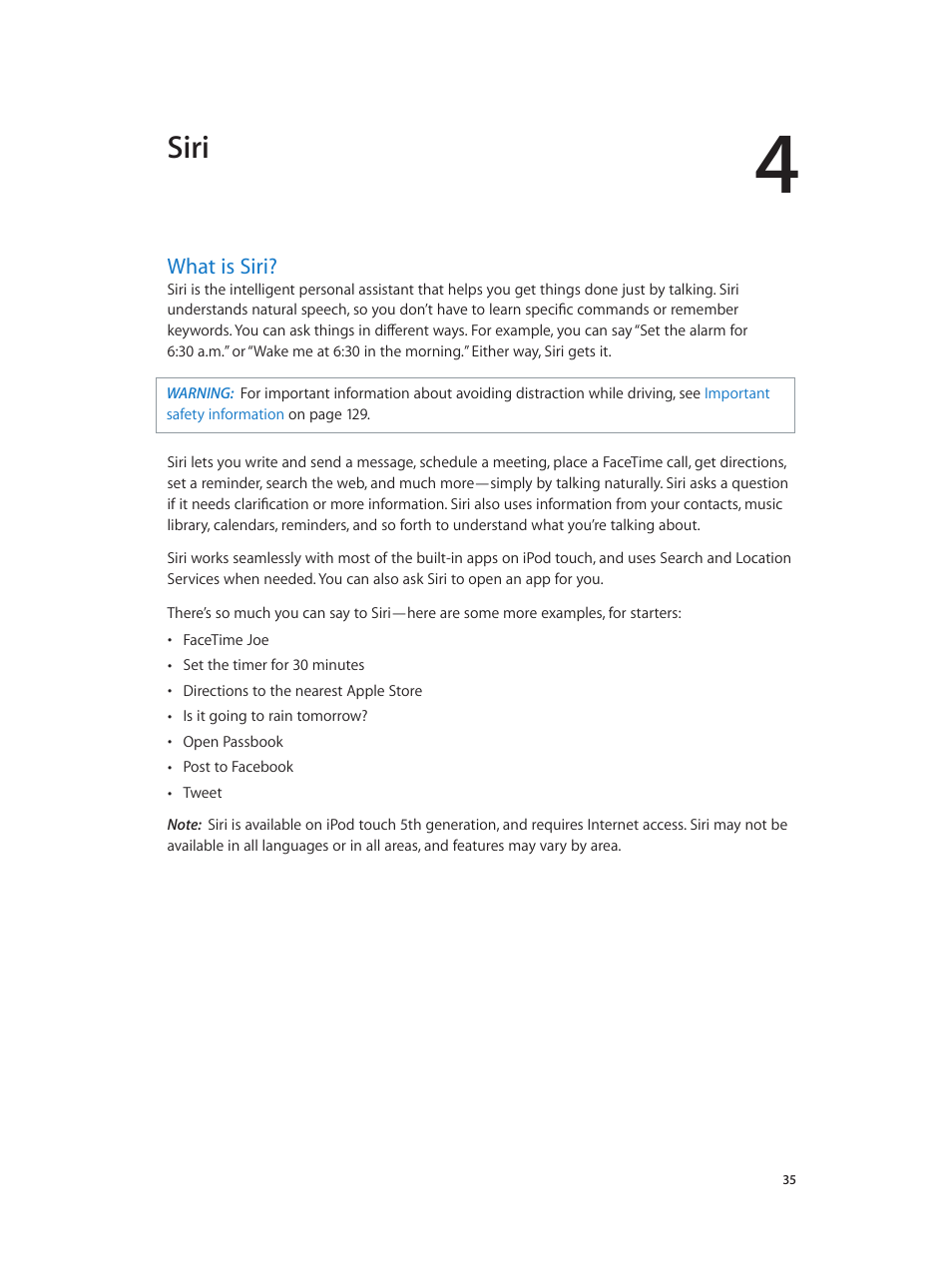 Chapter 4: siri, What is siri, 35 what is siri | Siri | Apple iPod touch iOS 6.1 User Manual | Page 35 / 138