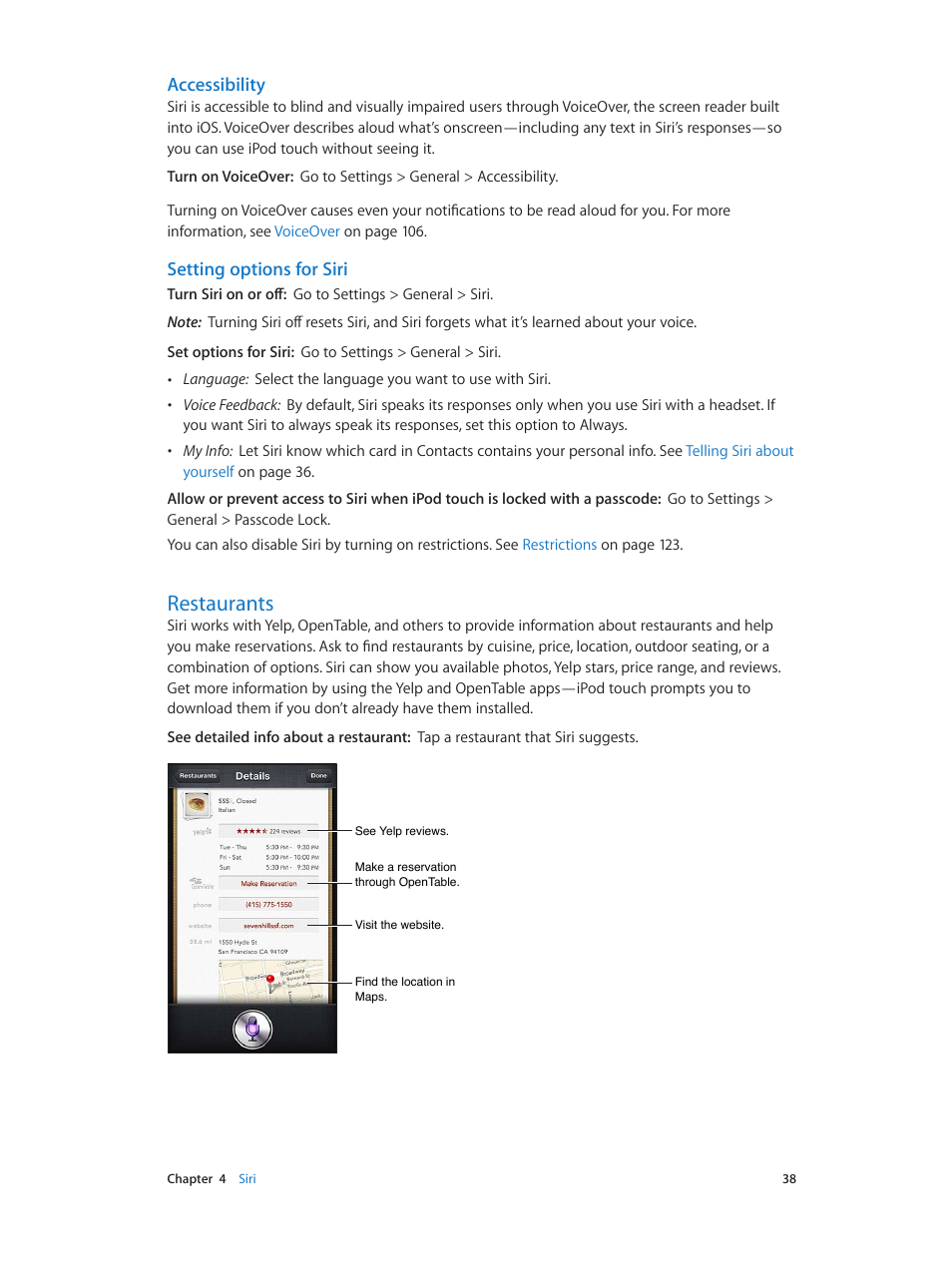 Restaurants, 38 restaurants, Accessibility | Setting options for siri | Apple iPod touch iOS 6.1 User Manual | Page 38 / 138