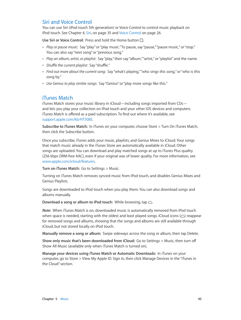 Siri and voice control, Itunes match, 45 siri and voice control 45 itunes match | Apple iPod touch iOS 6.1 User Manual | Page 45 / 138
