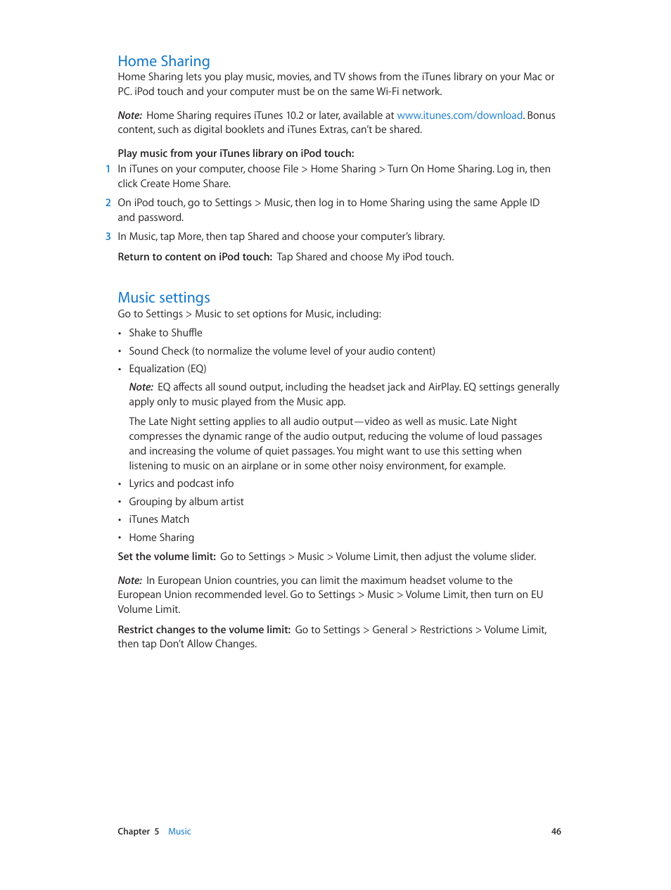 Home sharing, Music settings, 46 home sharing 46 music settings | Apple iPod touch iOS 6.1 User Manual | Page 46 / 138
