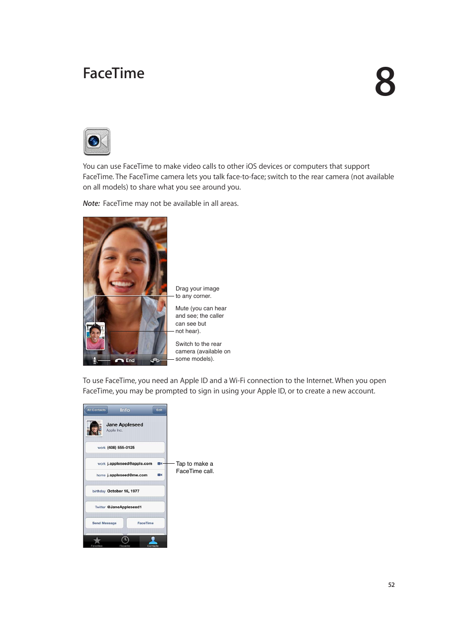 Chapter 8: facetime, Facetime | Apple iPod touch iOS 6.1 User Manual | Page 52 / 138