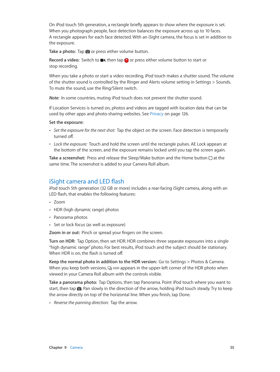 Isight camera and led flash, 55 isight camera and led flash | Apple iPod touch iOS 6.1 User Manual | Page 55 / 138