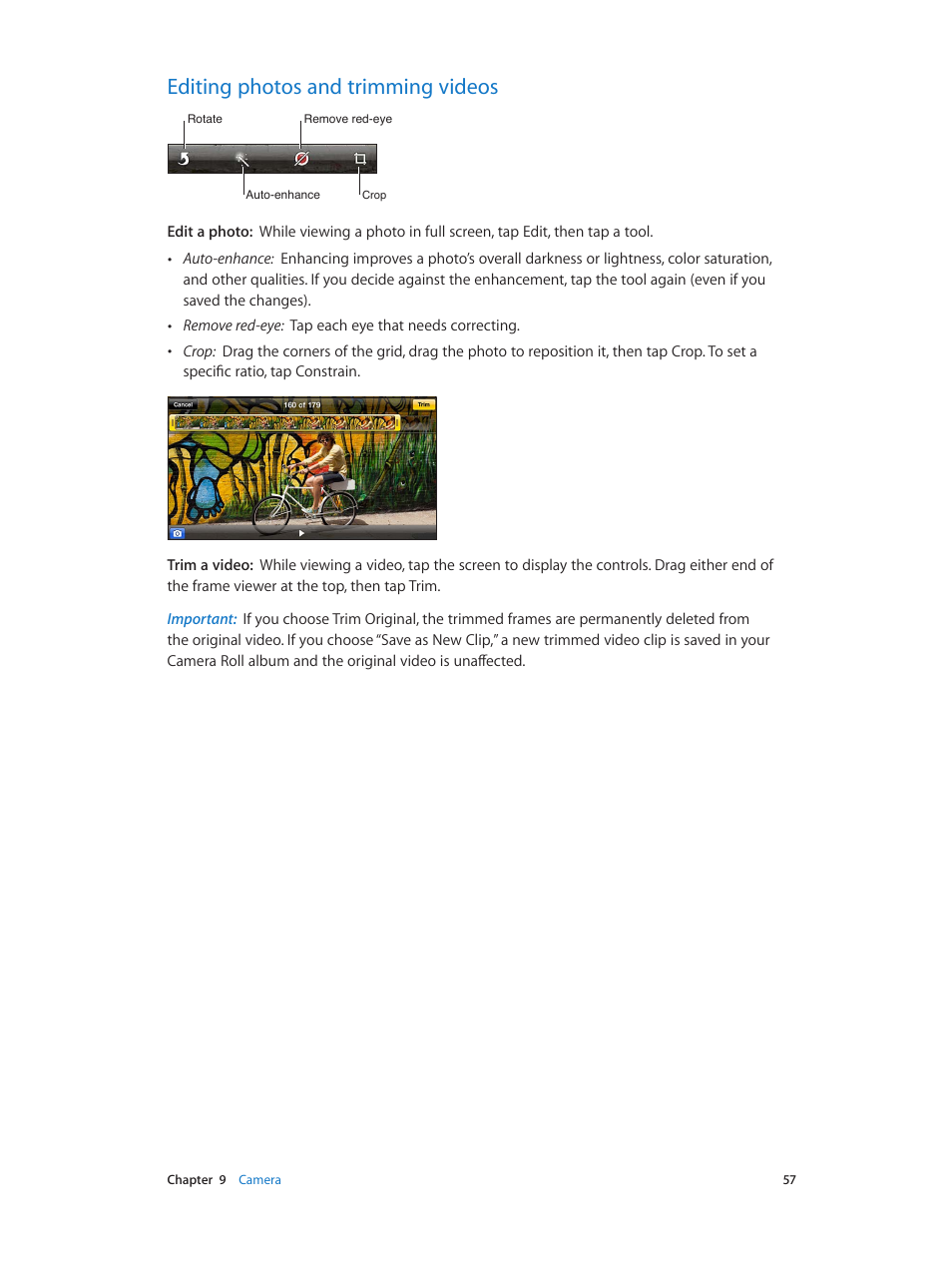 Editing photos and trimming videos, 57 editing photos and trimming videos | Apple iPod touch iOS 6.1 User Manual | Page 57 / 138