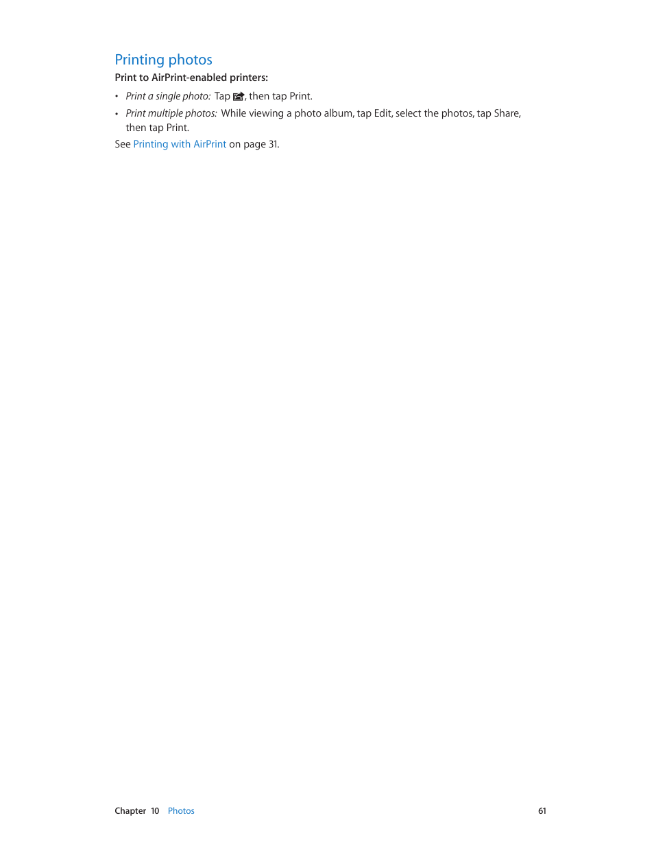 Printing photos, 61 printing photos | Apple iPod touch iOS 6.1 User Manual | Page 61 / 138
