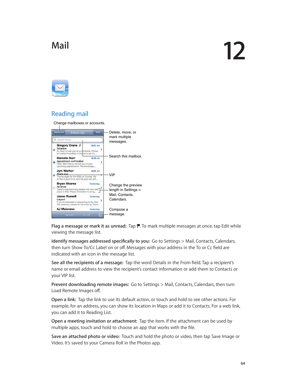 Chapter 12: mail, Reading mail, 64 reading mail | Mail | Apple iPod touch iOS 6.1 User Manual | Page 64 / 138
