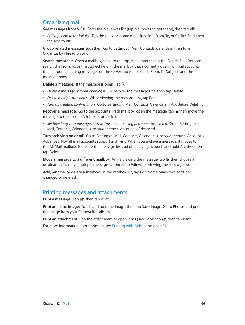 Organizing mail, Printing messages and attachments | Apple iPod touch iOS 6.1 User Manual | Page 66 / 138