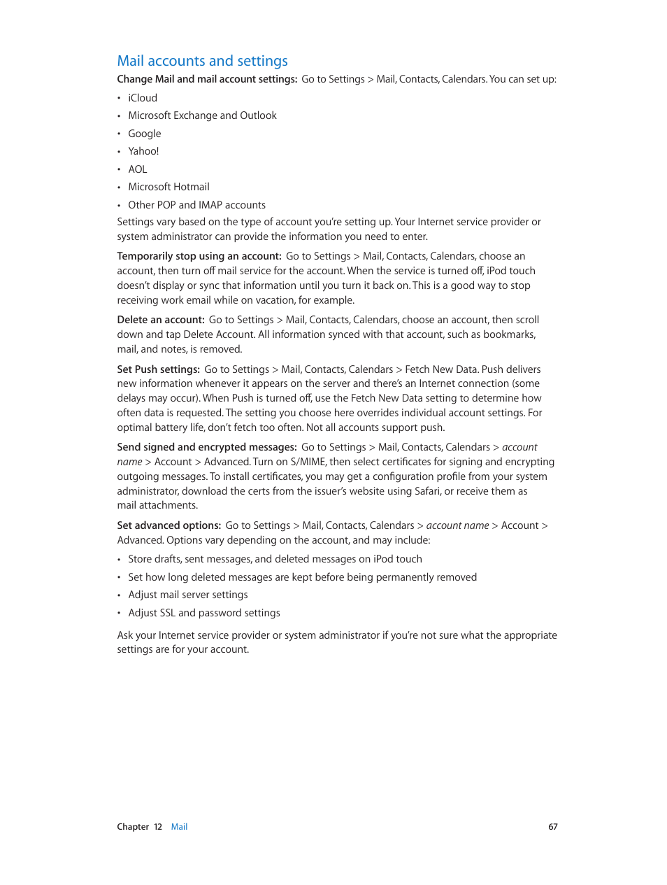 Mail accounts and settings, 67 mail accounts and settings | Apple iPod touch iOS 6.1 User Manual | Page 67 / 138