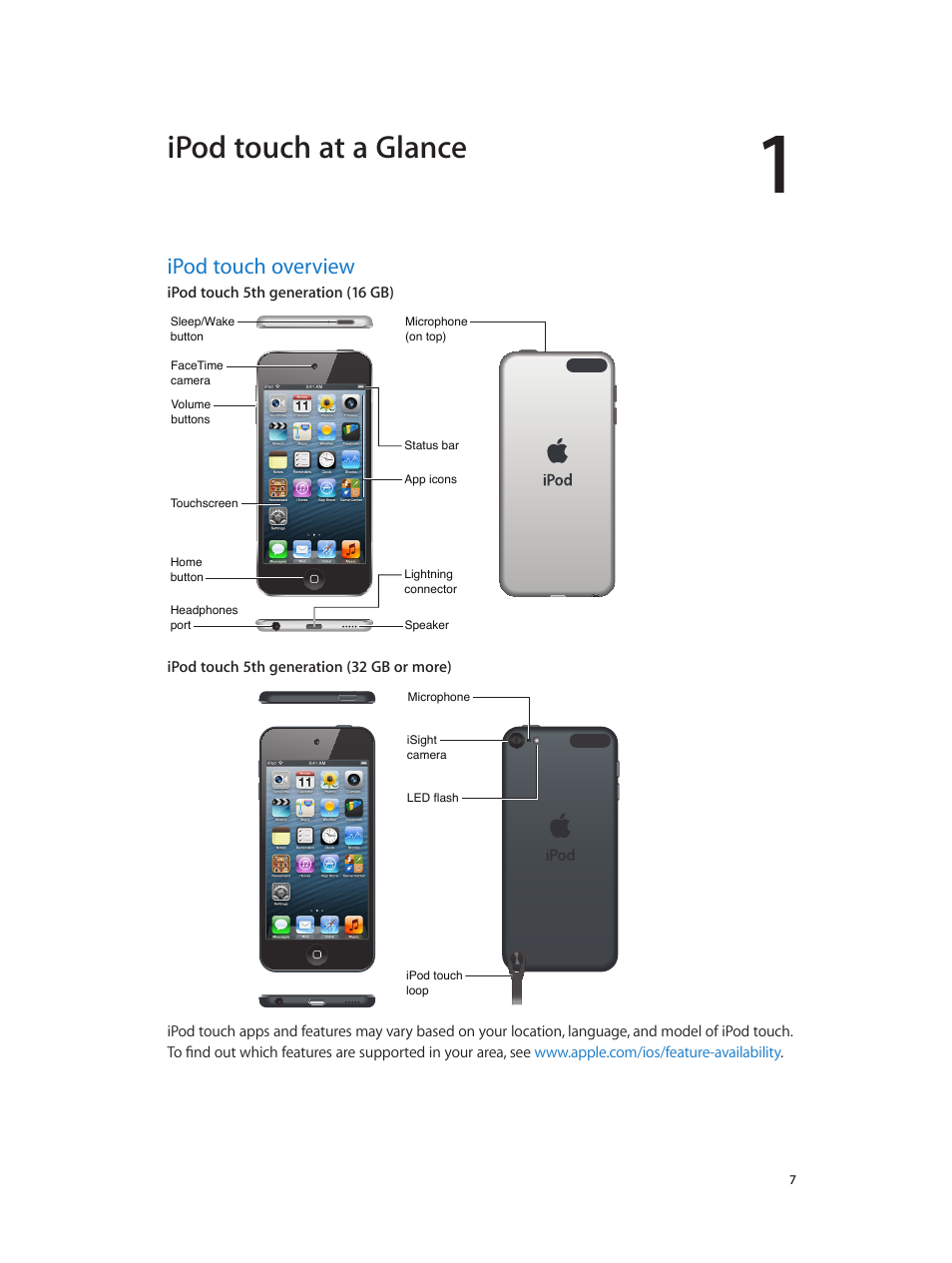 Chapter 1: ipod touch at a glance, Ipod touch overview, Ipod touch at a glance | Apple iPod touch iOS 6.1 User Manual | Page 7 / 138