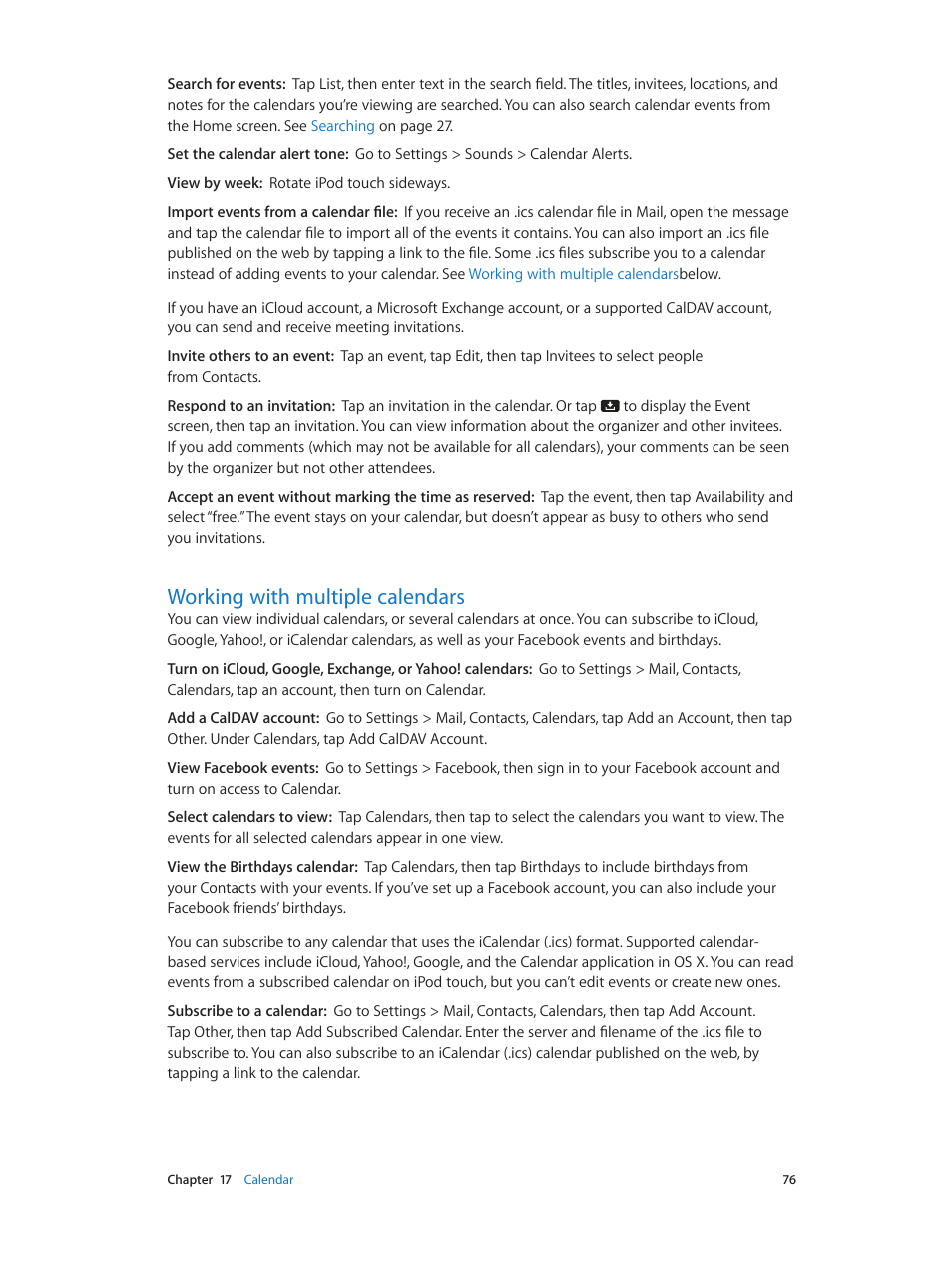 Working with multiple calendars, 76 working with multiple calendars | Apple iPod touch iOS 6.1 User Manual | Page 76 / 138