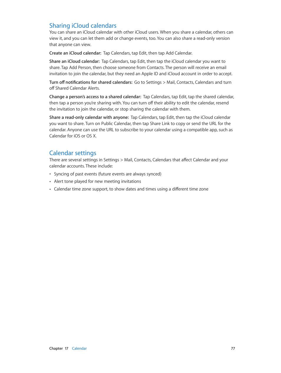 Sharing icloud calendars, Calendar settings, 77 sharing icloud calendars 77 calendar settings | Apple iPod touch iOS 6.1 User Manual | Page 77 / 138