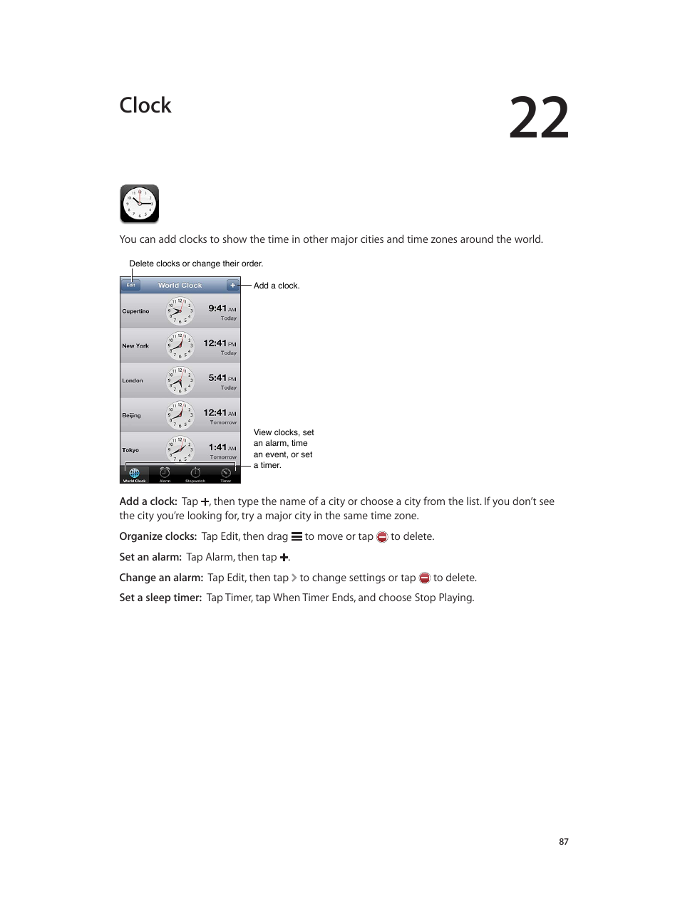Chapter 22: clock, Clock | Apple iPod touch iOS 6.1 User Manual | Page 87 / 138