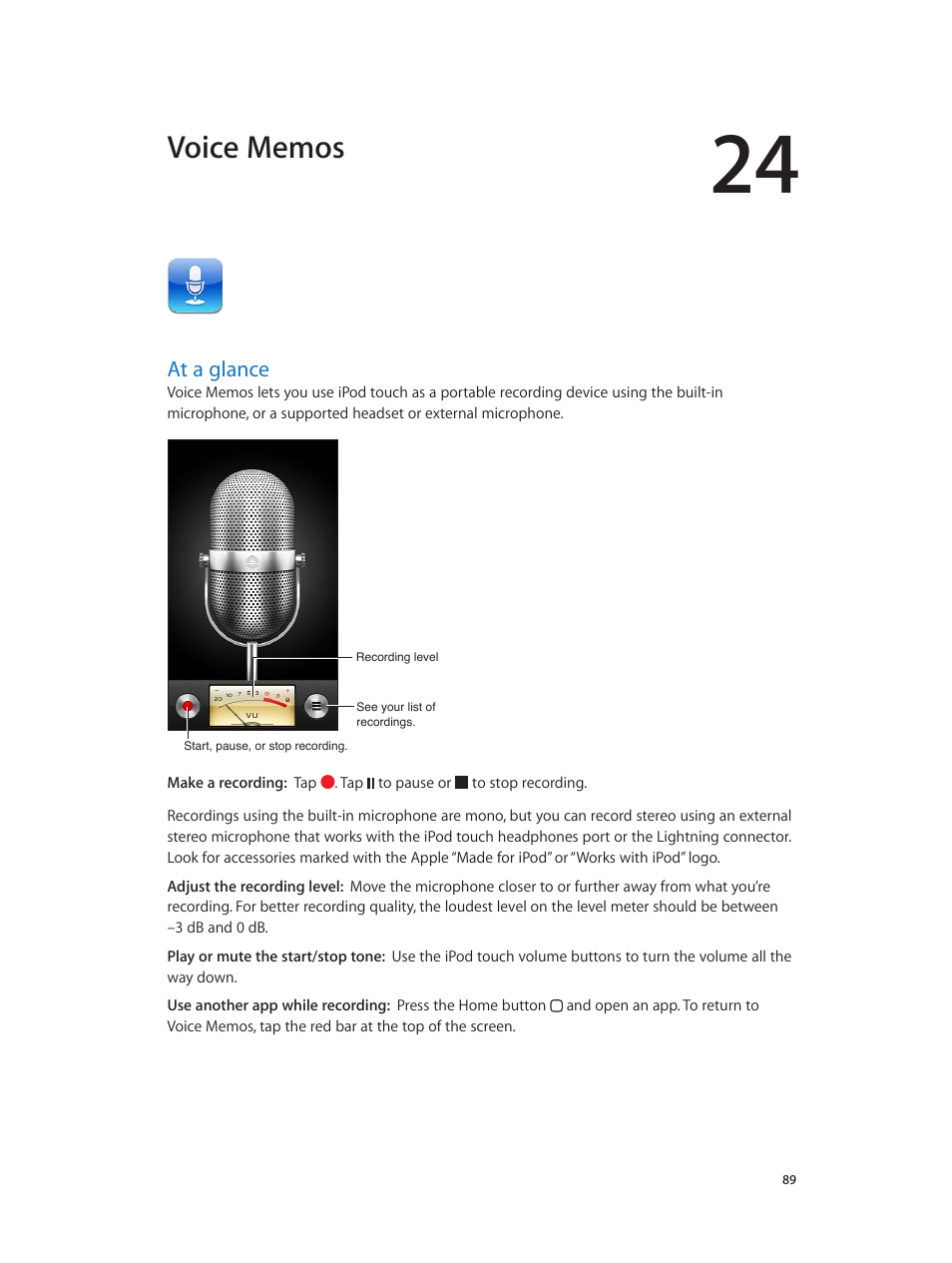Chapter 24: voice memos, At a glance, 89 at a glance | Apple iPod touch iOS 6.1 User Manual | Page 89 / 138