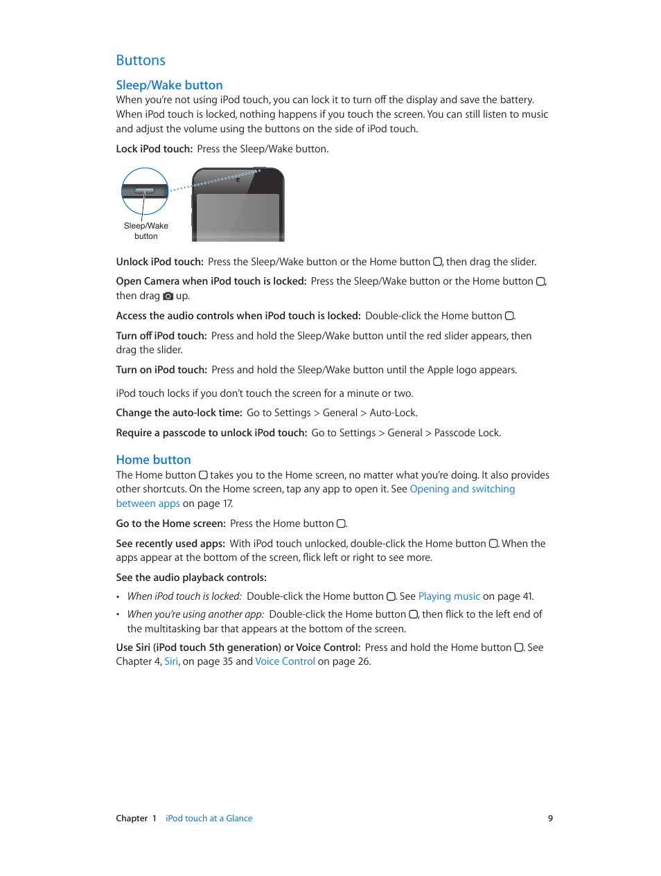 Buttons, Sleep/wake button, Home button | Apple iPod touch iOS 6.1 User Manual | Page 9 / 138