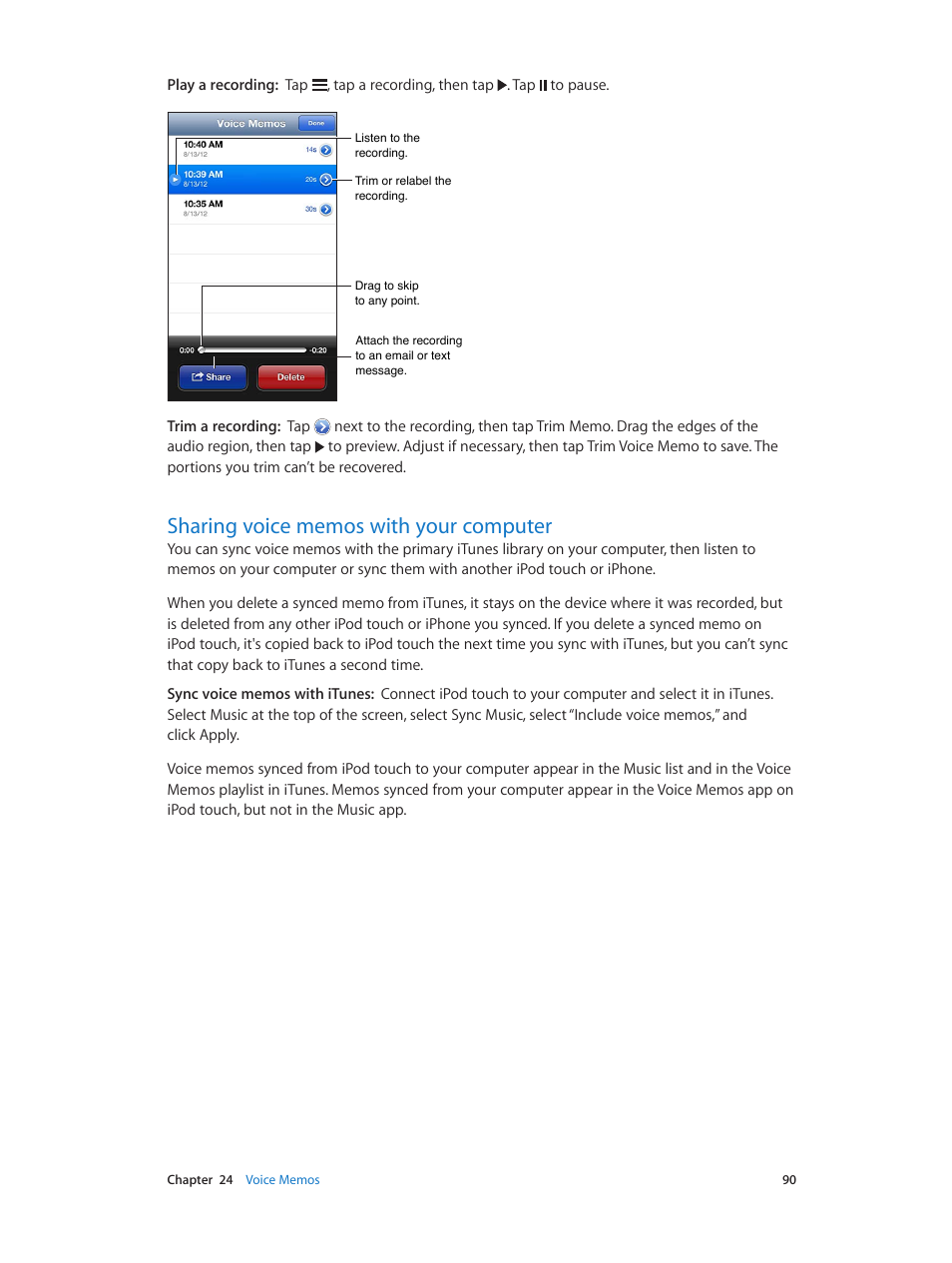 Sharing voice memos with your computer, 90 sharing voice memos with your computer | Apple iPod touch iOS 6.1 User Manual | Page 90 / 138