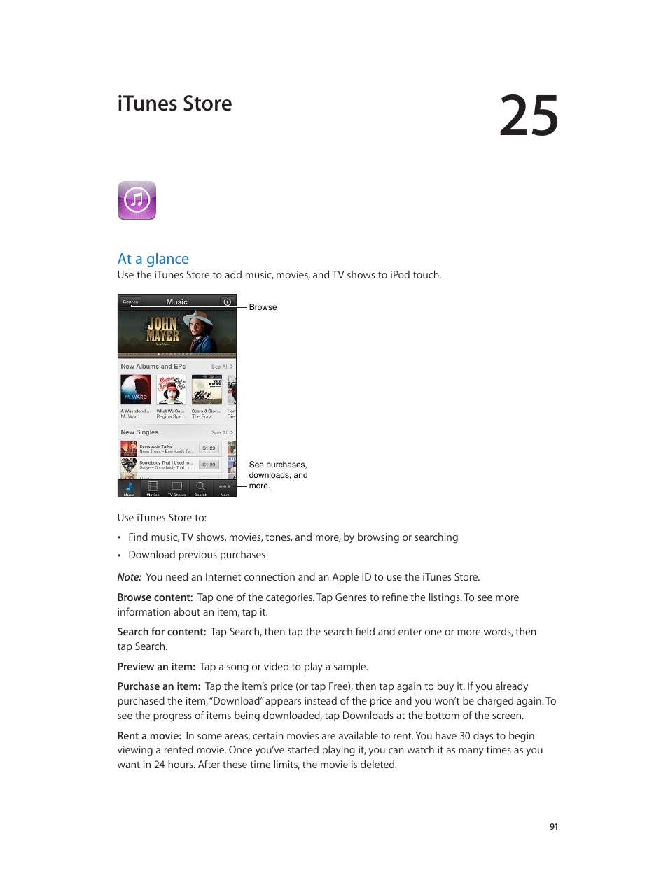 Chapter 25: itunes store, At a glance, 91 at a glance | Itunes store | Apple iPod touch iOS 6.1 User Manual | Page 91 / 138