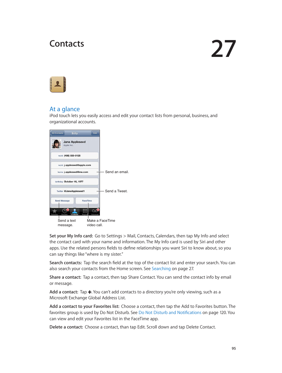 Chapter 27: contacts, At a glance, 95 at a glance | Contacts | Apple iPod touch iOS 6.1 User Manual | Page 95 / 138