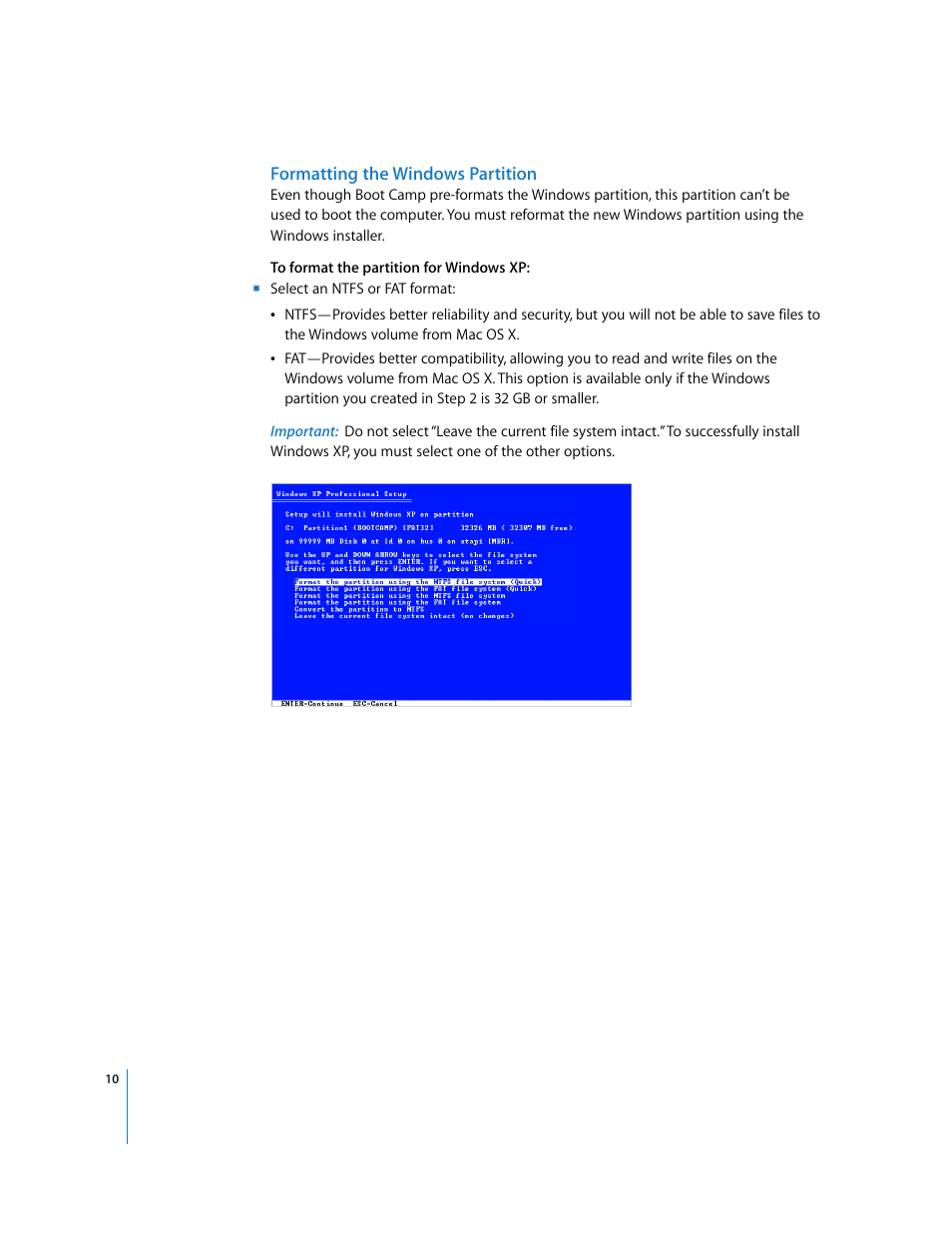 Formatting the windows partition | Apple Boot Camp (Mac OS X v10.5 Leopard) User Manual | Page 10 / 25