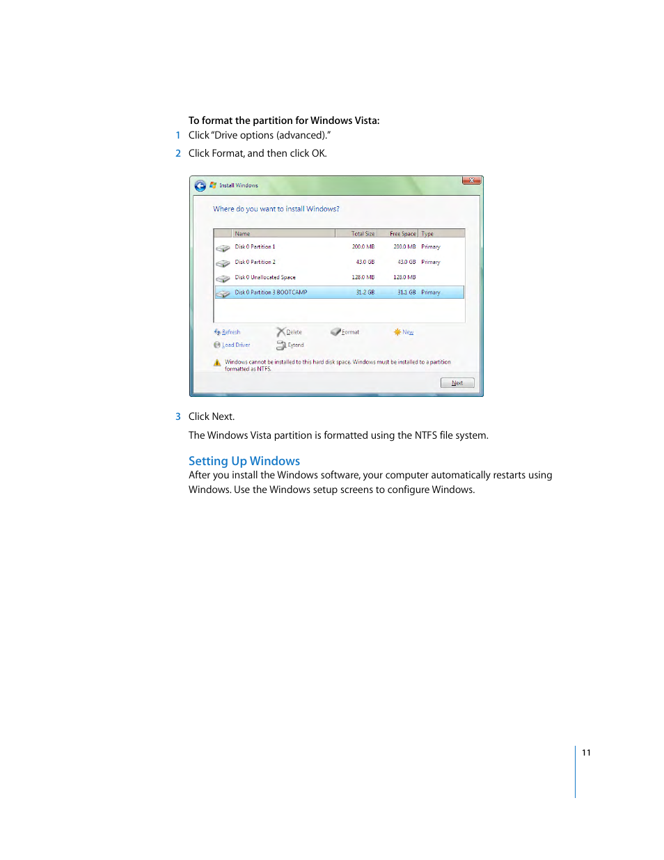 Setting up windows | Apple Boot Camp (Mac OS X v10.5 Leopard) User Manual | Page 11 / 25