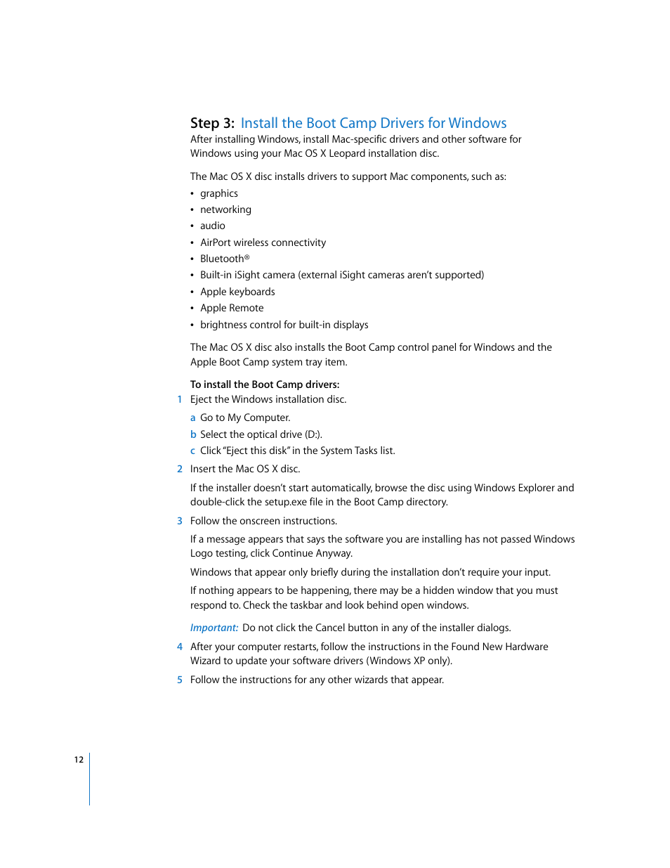 Step 3:install the boot camp drivers for windows, Step 3: install the boot camp drivers for windows | Apple Boot Camp (Mac OS X v10.5 Leopard) User Manual | Page 12 / 25