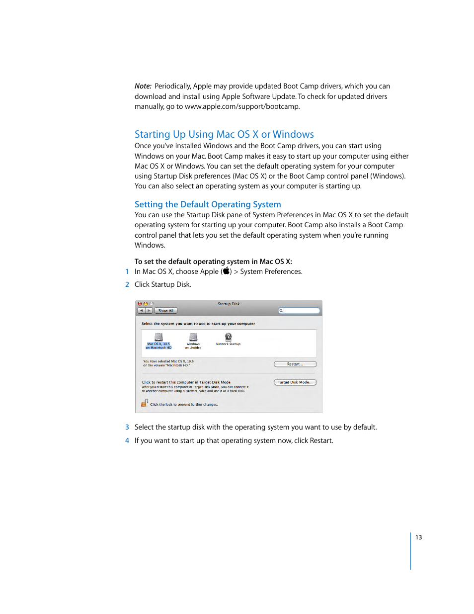 Starting up using macosx or windows, Setting the default operating system, Starting up using mac os x or windows | Apple Boot Camp (Mac OS X v10.5 Leopard) User Manual | Page 13 / 25