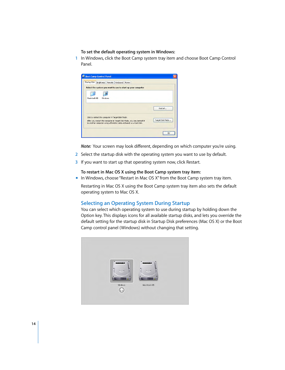 Selecting an operating system during startup | Apple Boot Camp (Mac OS X v10.5 Leopard) User Manual | Page 14 / 25